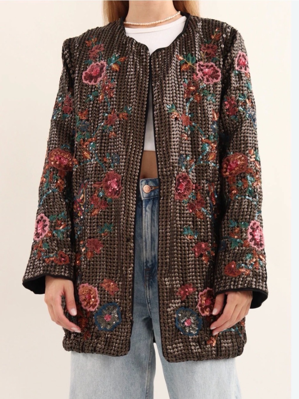 Zara Sequin Floral Bomber Jacket in Brown and Pink